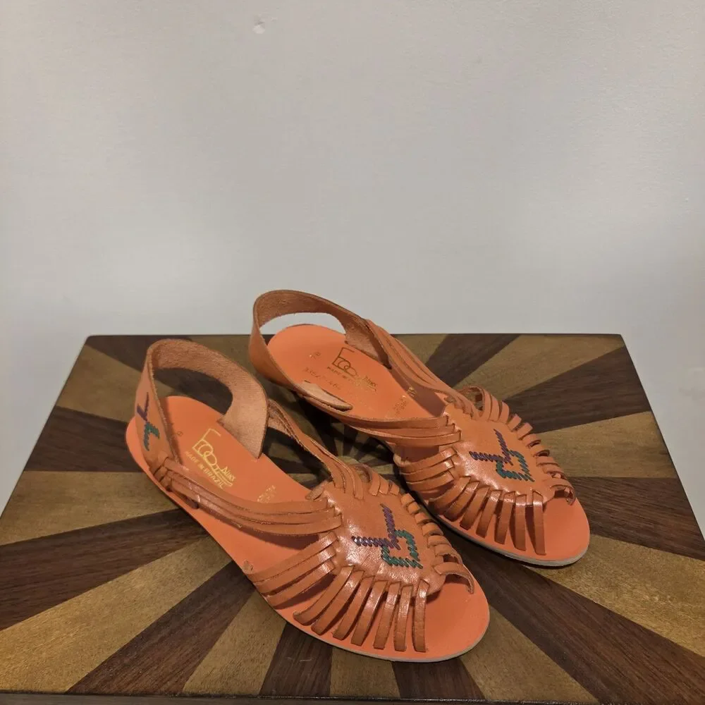 True Vintage 70s Foot Niks Sandals Shoes US 7B Orange Leather Boho Hippie Gypsy